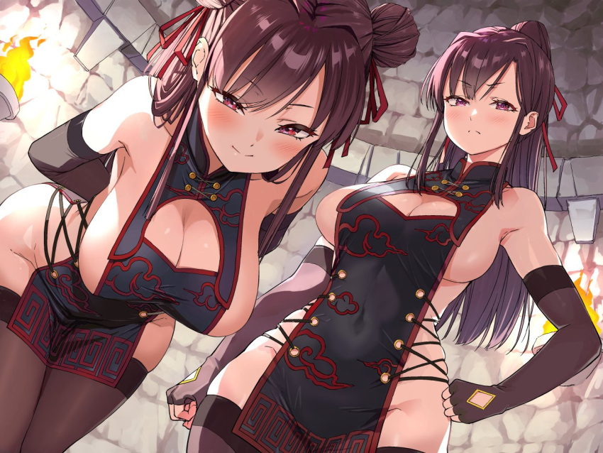 2girls arms_behind_back bare_shoulders bent_over black_dress black_gloves black_thighhighs blue_eyes blush breasts china_dress chinese_clothes cleavage cleavage_cutout clenched_hand closed_mouth clothing_cutout cloud_print commentary_request covered_navel cross-laced_clothes diamond_cutout double_bun dress dungeon elbow_gloves fingerless_gloves fire frown glove_cutout gloves hair_bun hair_ribbon half-closed_eyes hand_on_own_hip hanging_breasts high_ponytail indoors ishizaka_ryuudai large_breasts long_hair looking_at_viewer multiple_girls original pelvic_curtain purple_eyes purple_hair red_eyes red_ribbon ribbon sideboob sideless_outfit skindentation smile split_mouth stone_wall thighhighs v-shaped_eyebrows wall