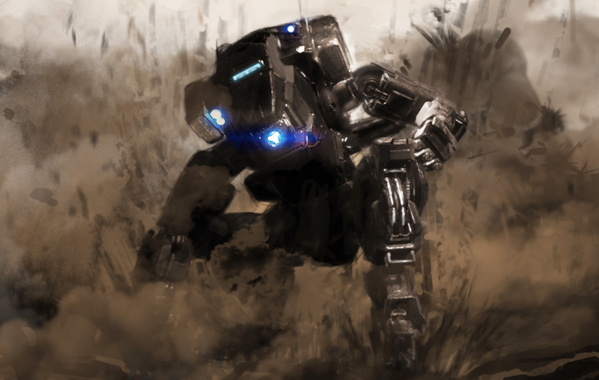 1other blue_eyes bt-7274 clenched_hand commentary_request explosion fs-1041 glowing glowing_eye looking_to_the_side machinery mecha mecha_focus no_humans on_one_knee one-eyed robot science_fiction solo spot_color titan_(titanfall) titanfall_(series) titanfall_2 vanguard_(titanfall_2) ylmi