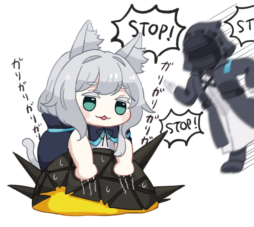 1other :3 ambiguous_gender animal_ear_fluff animal_ears arknights bad_id bad_pixiv_id blue_cape blush_stickers cape cat_ears cat_girl cat_tail chibi claws colored_eyelashes commentary_request doctor_(arknights) female green_eyes grey_hair hair_intakes highres mask mixed-language_text monster motion_blur motion_lines originium_slug_(arknights) rosmontis_(arknights) running scratching shirt simple_background someyaya sound_effects speech_bubble sweat tail thick_eyebrows white_background white_shirt