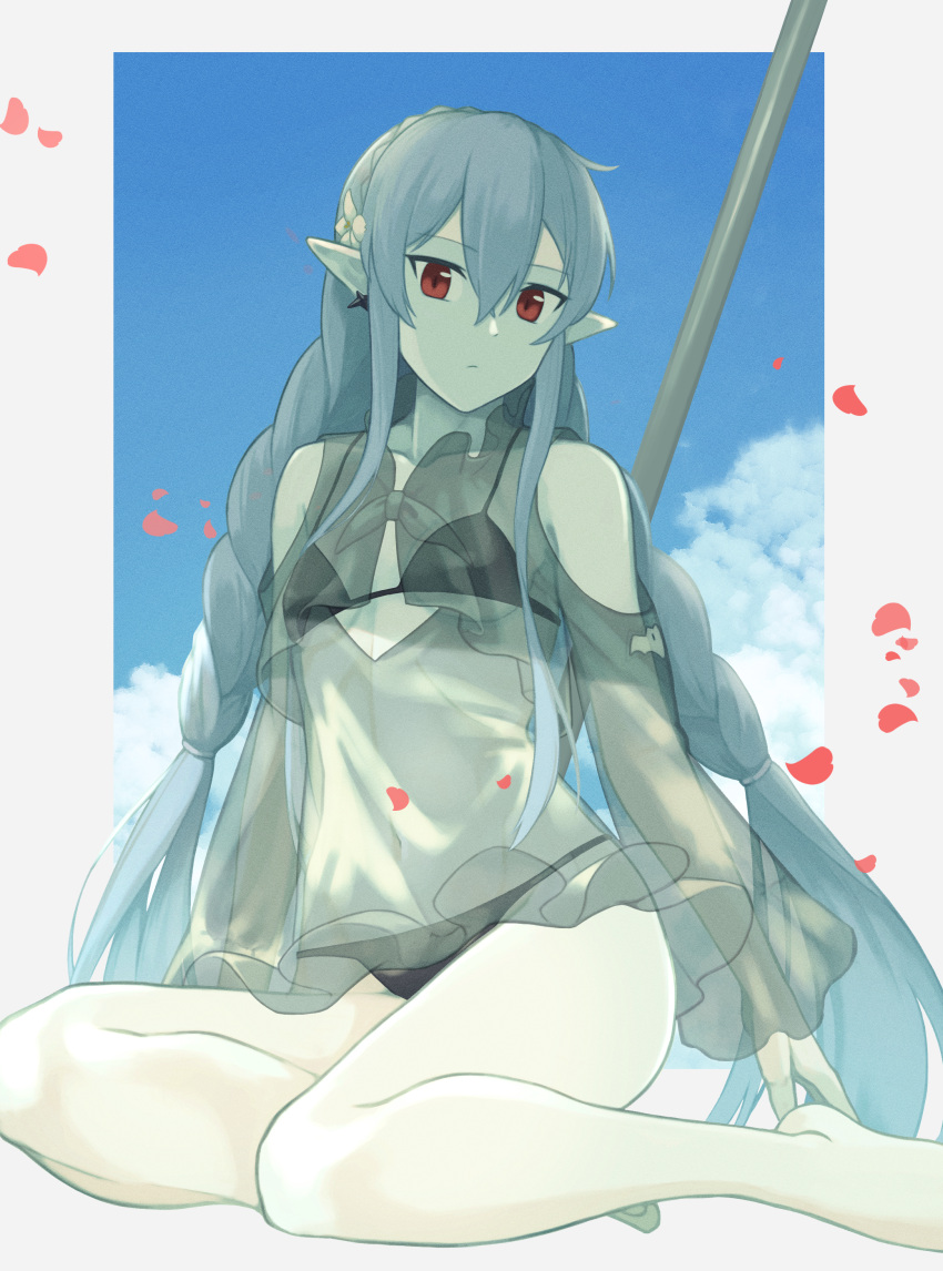 absurdres arknights bare_legs bare_shoulders barefoot bikini bikini_under_clothes black_bikini braid breasts clothing_cutout commentary_request female grey_hair hair_between_eyes head_tilt highres long_braid long_hair long_sleeves mutsuki_albino navel official_alternate_costume partial_commentary petals pointy_ears red_eyes see-through shoulder_cutout sidelocks sitting small_breasts solo stomach swimsuit thighs twin_braids very_long_hair warfarin_(arknights) warfarin_(casual_vacation)_(arknights) yokozuwari