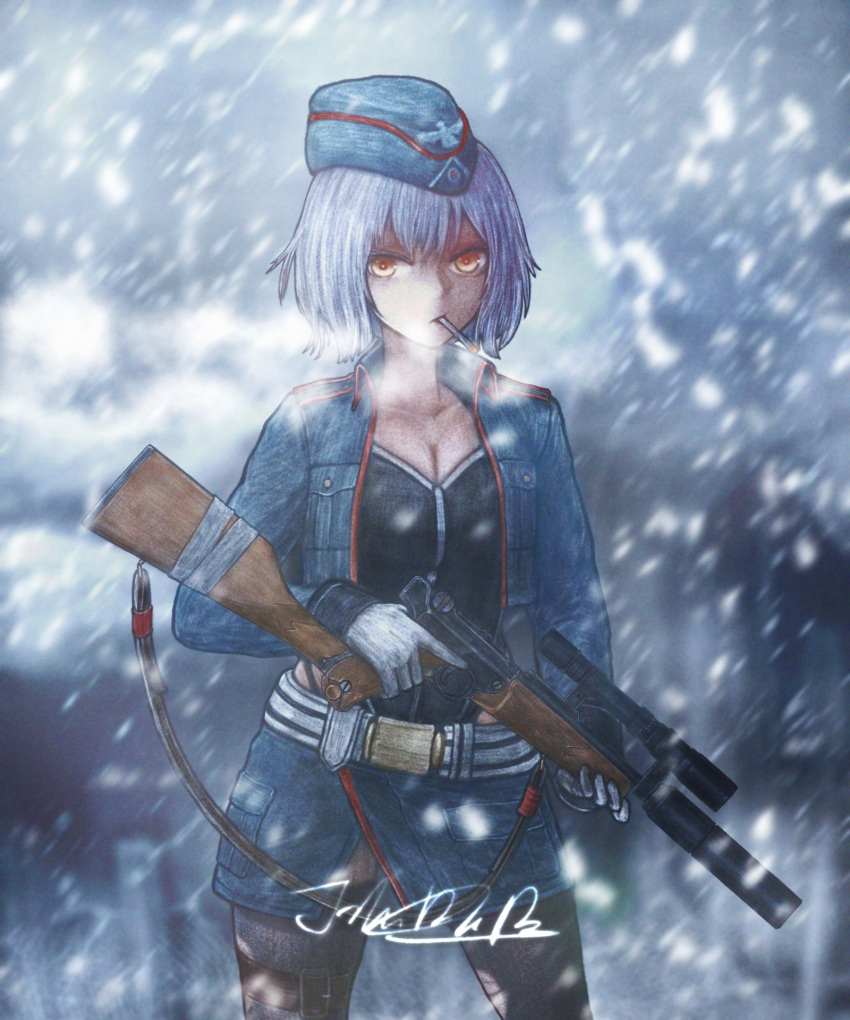 artist_name belt black_leotard blue_hat blue_jacket blue_skirt breasts cigarette cleavage collarbone commentary female garrison_cap girls'_frontline gun handgun hat highres holding holding_gun holding_weapon jacket jhands_onpc leotard looking_at_viewer luger_p08 military_uniform open_clothes open_jacket p08_(girls'_frontline) scope skirt sling_(weapon) smoking snow solo suppressor thigh_strap uniform upper_body weapon white_hair yellow_eyes