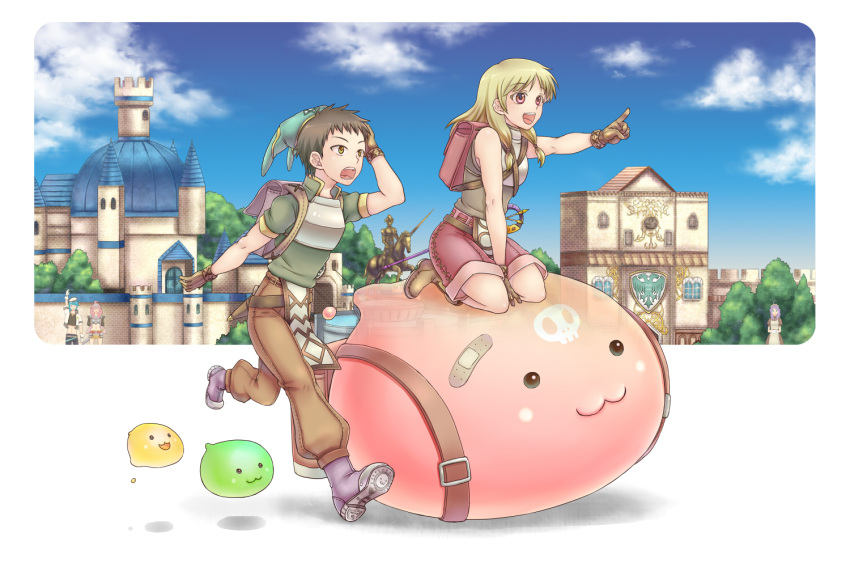 2boys 3girls :3 apron armor backpack bag bandaid blonde_hair blue_sky boobplate boots breastplate brown_dress brown_footwear brown_gloves brown_hair brown_pants brown_shirt brown_skirt building castle cloud crop_top cross dagger day dress drops_(ragnarok_online) gloves green_eyes green_headwear green_shirt hunter_(ragnarok_online) jacket long_hair maid maid_headdress mastering multiple_boys multiple_girls novice_(ragnarok_online) outdoors paladin_(ragnarok_online) pants pavianne_(ragnarok_online) pink_eyes pink_shorts pointing poporing purple_footwear purple_hair ragnarok_online retgra riding running scabbard sheath shirt short_sleeves shorts skirt skull sky sleeveless sleeveless_shirt slime_(creature) statue tree waving weapon white_apron white_jacket wristband