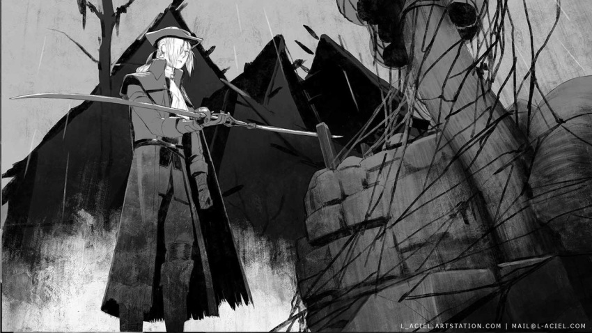 bloodborne boots coat female fountain gloves greyscale hair_over_one_eye hand_up hat house knee_boots l_aciel lady_maria_of_the_astral_clocktower monochrome outdoors pants ponytail short_hair solo sword tree twin_blades weapon web_address