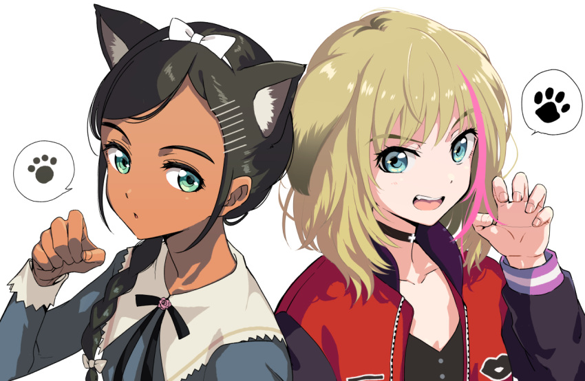 2girls :d :o animal_ears aonuma_neiru black_choker black_hair black_ribbon blue_eyes bow braid braided_ponytail cat_ears chestnut_mouth choker claw_pose collarbone commentary_request dark-skinned_female dark_skin dog_ears dress extra_ears green_eyes grey_dress hair_flaps hair_ornament hair_over_shoulder hairband hairbow hairclip jacket kawai_rika letterman_jacket light_brown_hair long_hair long_sleeves looking_at_viewer multicolored_hair multiple_girls neck_ribbon niina_ryou open_clothes open_jacket open_mouth paw_pose paw_print portrait ribbon simple_background single_braid smile speech_bubble spoken_paw streaked_hair teeth upper_teeth_only white_background white_bow white_hairband wonder_egg_priority