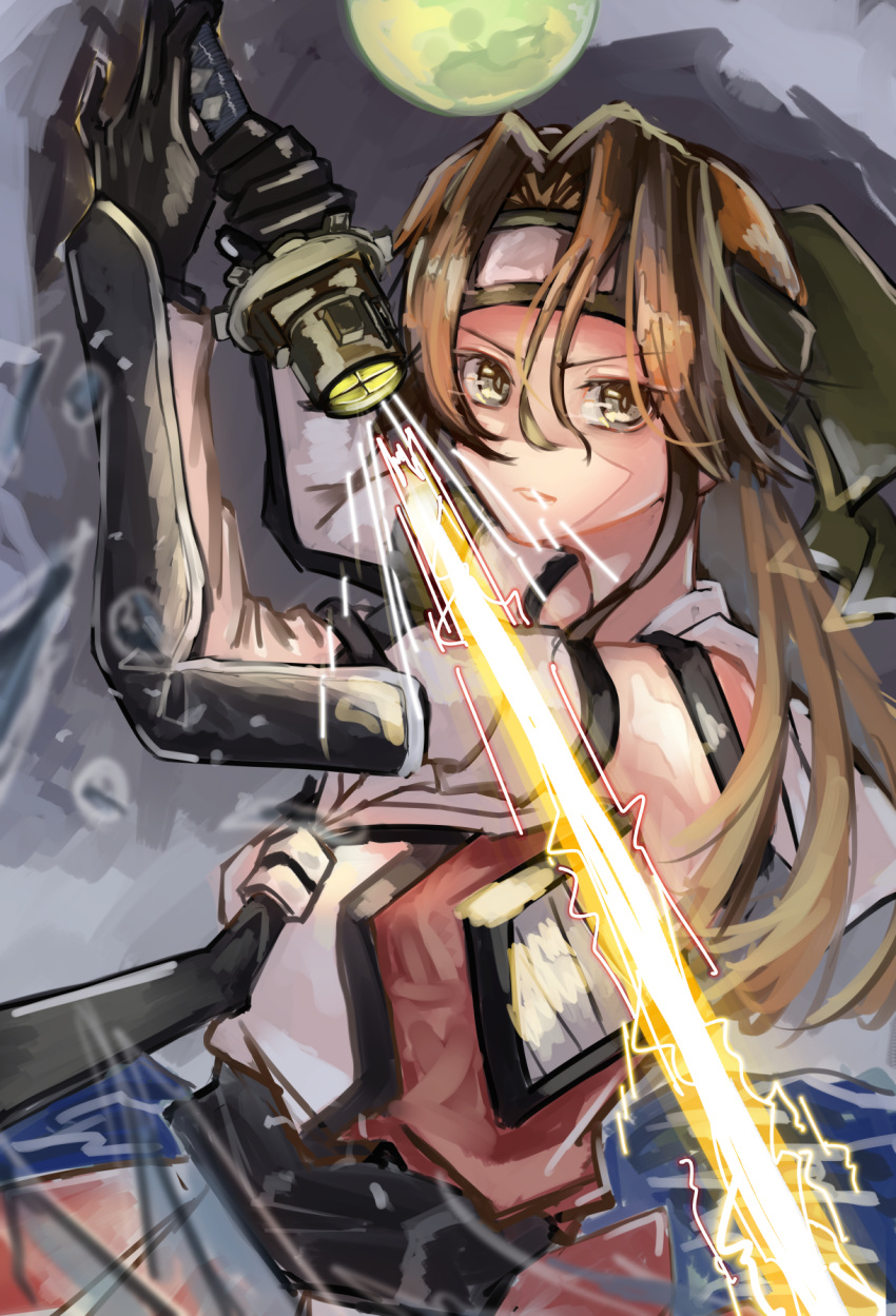 asymmetrical_hair beam_saber black_gloves black_necktie brown_eyes brown_hair commentary_request elbow_gloves energy_sword female full_moon gloves hair_over_eyes half_updo highres holding holding_weapon jintsuu_(kancolle) jintsuu_kai_ni_(kancolle) kantai_collection lightsaber long_hair moon necktie ocean panda_(heart_sink) ponytail school_uniform searchlight serafuku sleeveless sword weapon