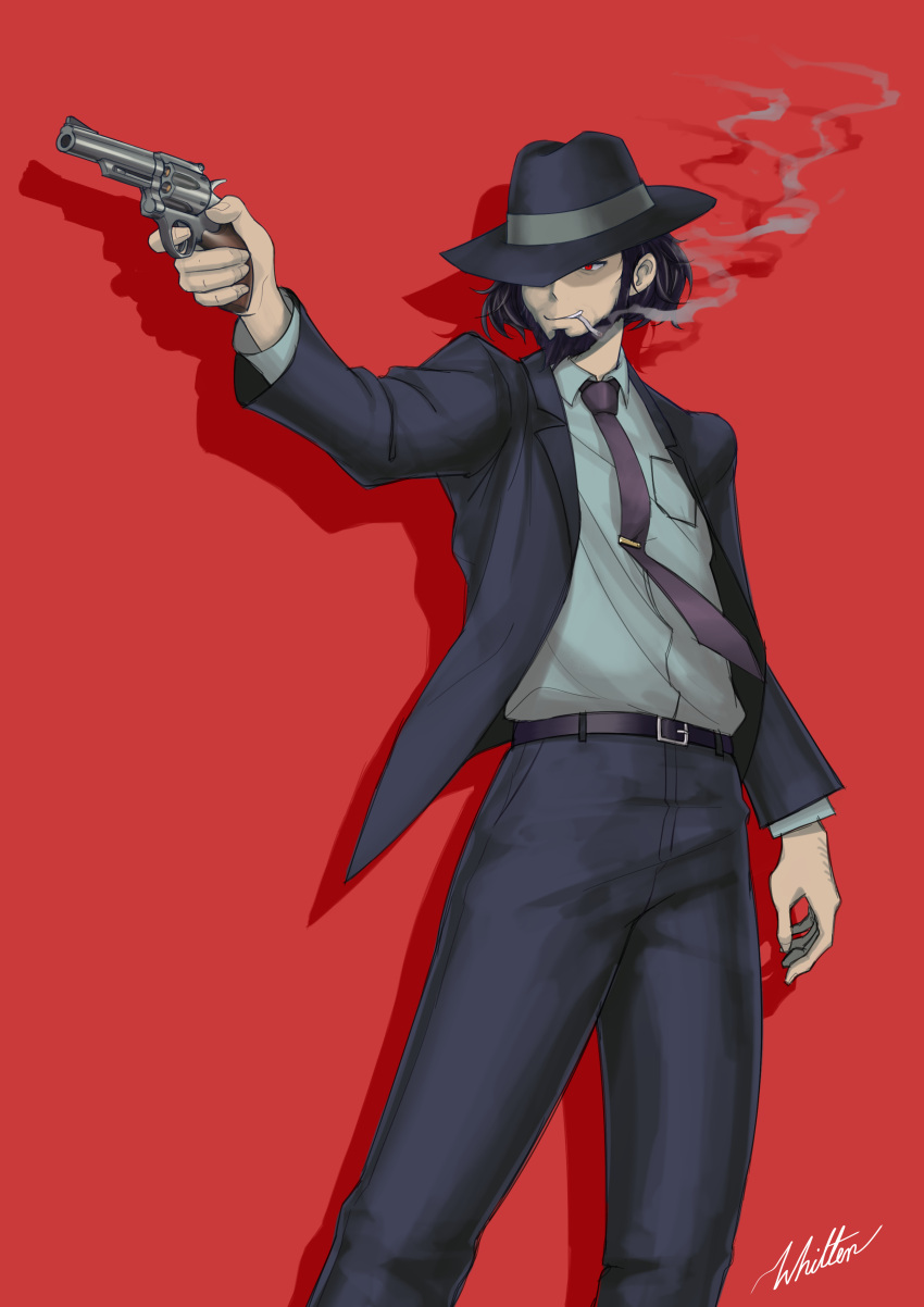 1boy absurdres beard black_hair black_hat black_jacket black_pants cigarette closed_mouth collared_shirt commentary dress_shirt drop_shadow english_commentary facial_hair feet_out_of_frame formal grey_shirt gun hat highres holding holding_gun holding_weapon jacket jigen_daisuke long_sleeves looking_away lupin_iii male_focus mouth_hold necktie open_clothes open_jacket pants purple_necktie red_background red_eyes revolver shirt signature simple_background smoke smoking solo suit tie_clip weapon whitter