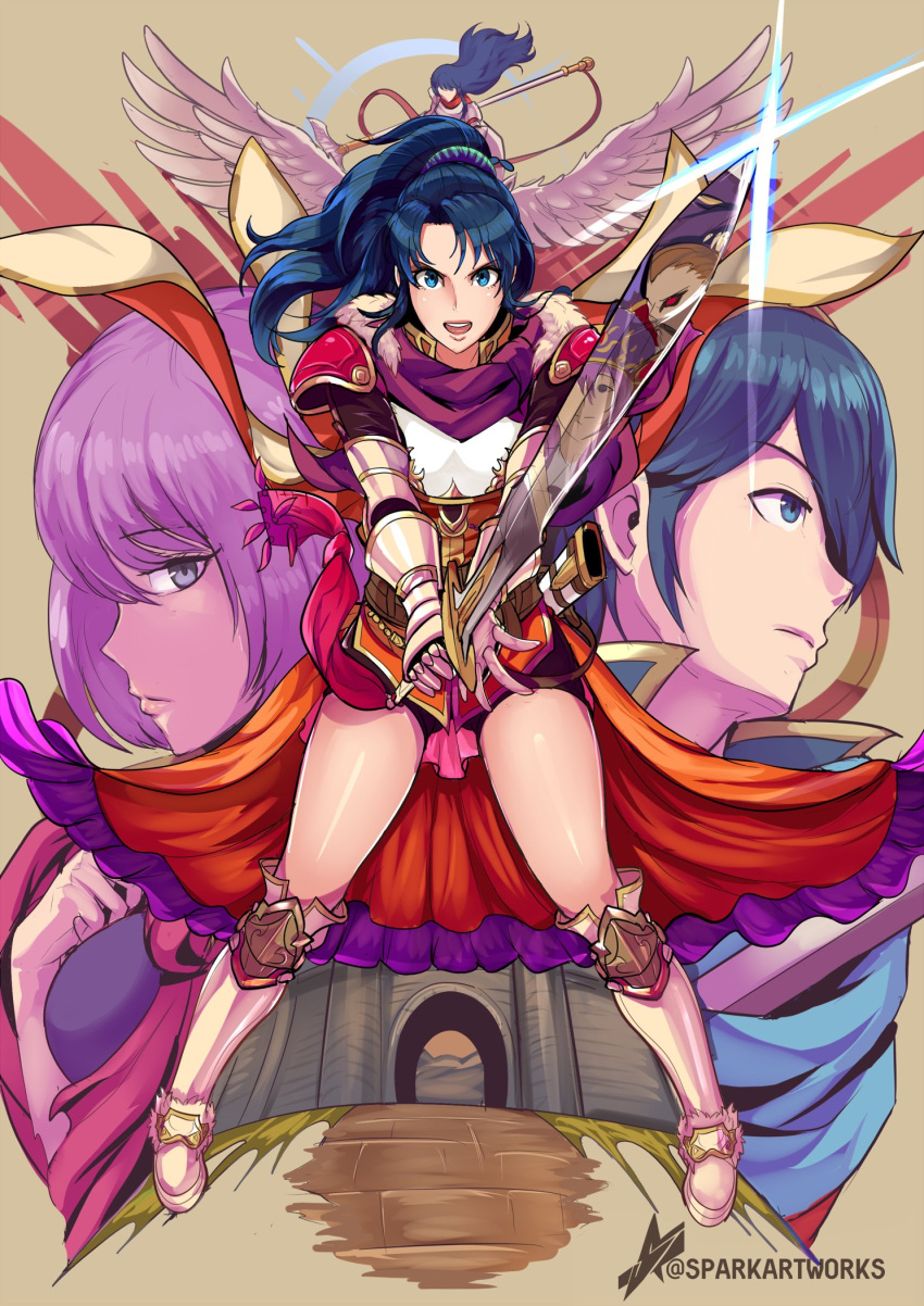 2boys 4girls :d armor blue_eyes blue_hair boots breastplate brown_hair caeda_(fire_emblem) castle commission eremiya_(fire_emblem) fighting_stance fire_emblem fire_emblem:_mystery_of_the_emblem fire_emblem:_new_mystery_of_the_emblem hardin_(dark_emperor)_(fire_emblem) hardin_(fire_emblem) highres holding holding_sword holding_weapon katarina_(fire_emblem) kris_(female)_(fire_emblem) kris_(fire_emblem) long_hair looking_at_viewer marth_(fire_emblem) medium_hair multiple_boys multiple_girls open_mouth pegasus pegasus_knight_uniform_(fire_emblem) ponytail purple_eyes purple_hair red_eyes reflection reflective_weapon short_hair simple_background smile sparkartworks sword twitter_username weapon