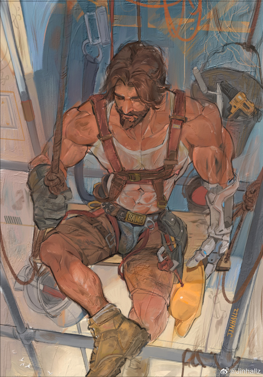 1boy bara belt brown_shorts bulge cassidy_(overwatch) construction_site construction_worker dark-skinned_male dark_skin from_above hard_hat helmet highres jinhallz large_pectorals male_focus mature_male muscular muscular_male overwatch overwatch_1 pectorals see-through short_hair shorts sitting solo sweat sweaty_clothes tank_top thick_eyebrows tool_belt very_sweaty white_tank_top work_boots