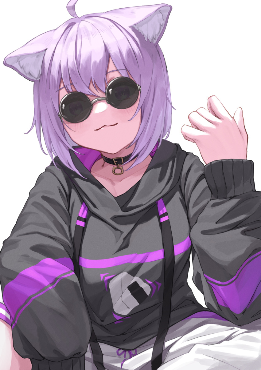 :3 absurdres ahoge animal_collar animal_ear_fluff animal_ears black_collar black_sweater blush cat_ears cat_girl collar commentary female grey_background highres hololive hood hood_down hooded_sweater kanoe_(tatsukanoe) long_sleeves looking_at_viewer nekomata_okayu nekomata_okayu_(1st_costume) onigiri_print pants print_sweater purple_eyes purple_hair purple_sweater short_hair simple_background solo sunglasses sweater two-tone_sweater virtual_youtuber white_pants