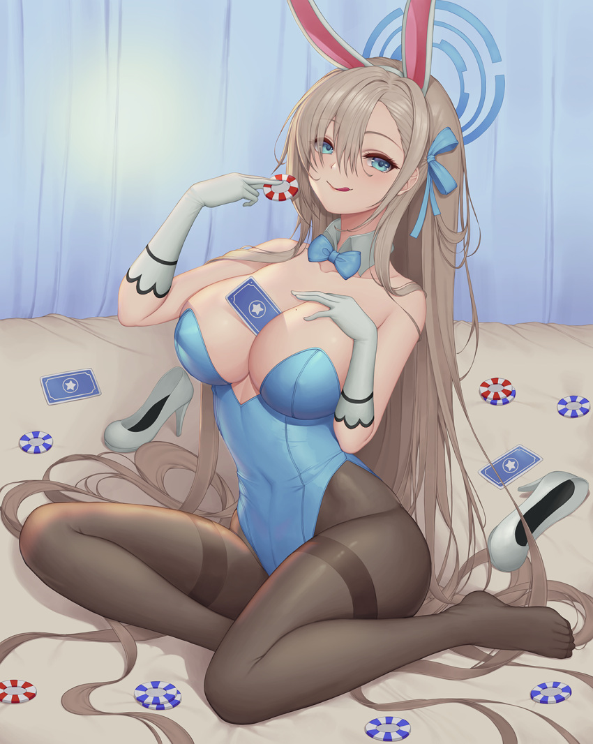 animal_ears asuna_(blue_archive) asuna_(bunny)_(blue_archive) baeg_mi black_pantyhose blonde_hair blue_archive blue_bow blue_corset blue_eyes blue_leotard blue_ribbon bow bowtie breasts card cleavage closed_mouth commentary corset covered_navel elbow_gloves fake_animal_ears female gloves hair_between_eyes hair_ribbon halo hand_on_breast high_heels highres holding holding_card huge_breasts leotard licking_lips long_hair mole mole_on_breast official_alternate_costume on_floor pantyhose playboy_bunny poker_chip rabbit_ears ribbon shoes simple_background smile solo strapless strapless_leotard thighband_pantyhose tongue tongue_out traditional_bowtie unworn_shoes white_footwear white_gloves