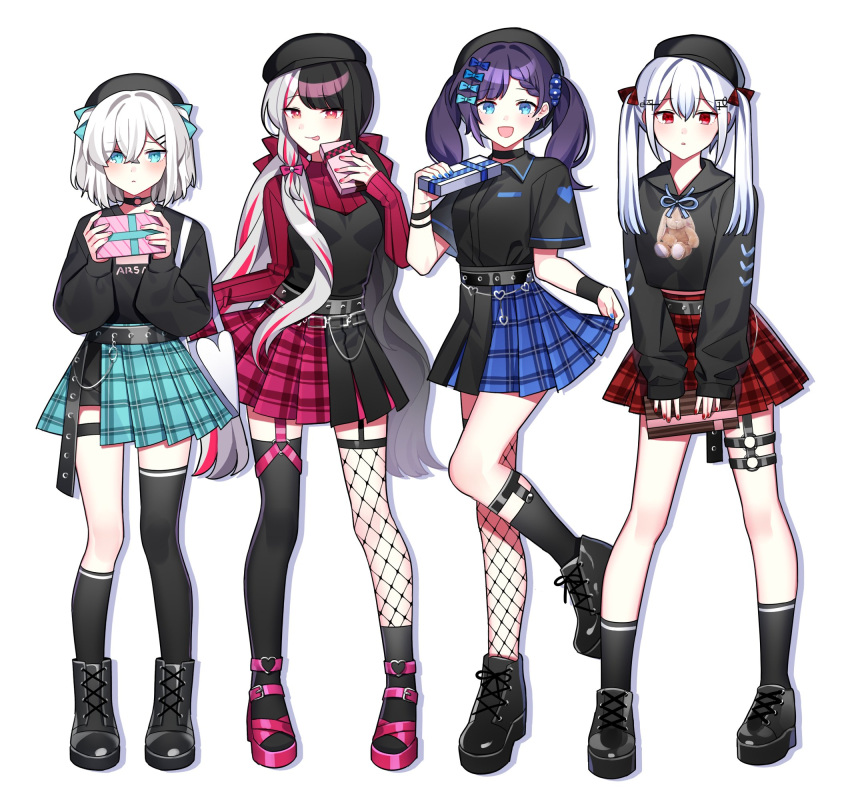 4girls aiba_uiha ars_almal asymmetrical_legwear belt black_hair blue_eyes blue_nails boots bow breasts choker commentary_request earrings fishnet_thighhighs fishnets full_body gift grey_hair hair_between_eyes hairbow hakase_fuyuki hat heart highres holding holding_gift jewelry long_hair long_sleeves looking_at_viewer multicolored_hair multiple_girls nail_polish nijisanji open_mouth pink_nails red_eyes red_nails shoes short_sleeves simple_background skirt small_breasts socks split-color_hair standing thighhighs tongue tongue_out twintails uneven_legwear virtual_youtuber waka_(wk4444) white_background yorumi_rena