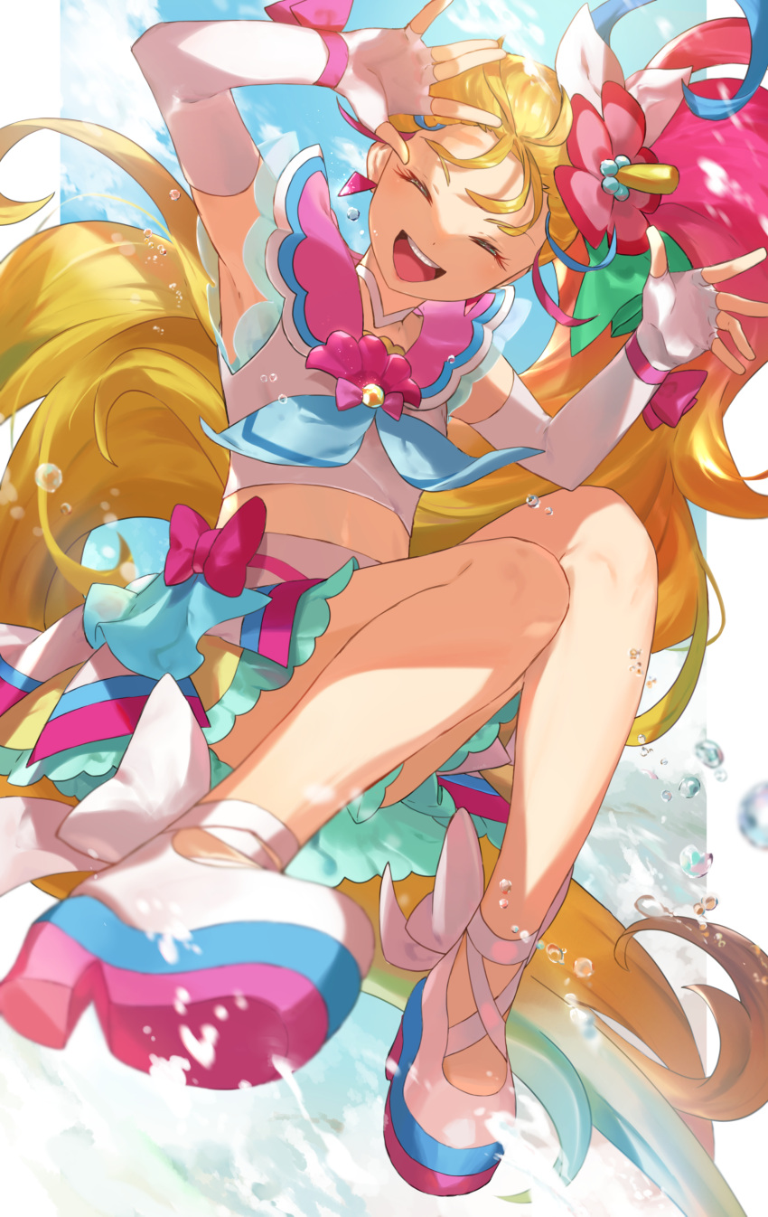 :d ^_^ absurdres armpits blonde_hair choker closed_eyes commentary_request cure_summer earrings elbow_gloves female fingerless_gloves flower gloves hair_flower hair_ornament hands_up highres jewelry legs long_hair magical_girl midriff multicolored_hair n-bata natsuumi_manatsu open_mouth pink_hair precure smile solo teeth tropical-rouge!_precure two-tone_hair upper_teeth_only very_long_hair water white_choker white_gloves