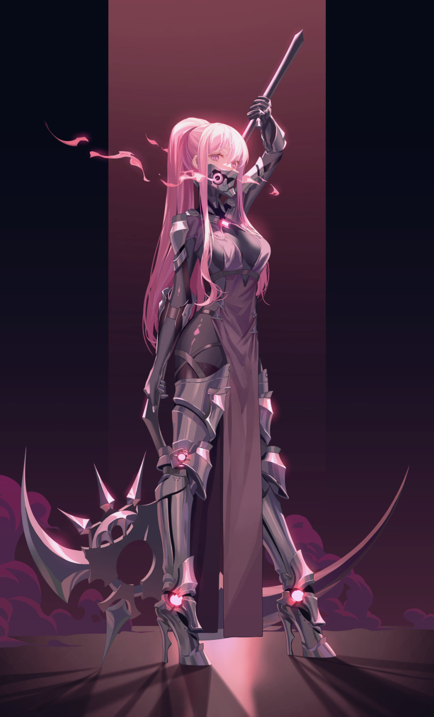 absurdres alternate_costume armor armored_boots black_theme bodysuit boots breasts commentary commission female full_body high_heels highres holding holding_scythe holding_weapon hololive hololive_english long_hair looking_at_viewer mask medium_breasts mori_calliope mouth_mask pelvic_curtain pink_eyes pink_hair pink_theme ponytail scythe shoulder_armor skeb_commission smoke solo standing thigh_boots thighhighs tsuki-shigure virtual_youtuber weapon