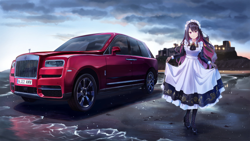 apron black_footwear black_pantyhose car dress female frilled_dress frills gundou_mirei gundou_mirei_(6th_costume) highres long_hair looking_at_viewer maid maid_apron maid_headdress motor_vehicle nijisanji pantyhose png_pant_(bus) purple_eyes purple_hair rolls-royce rolls-royce_cullinan solo sports_utility_vehicle vehicle_focus virtual_youtuber