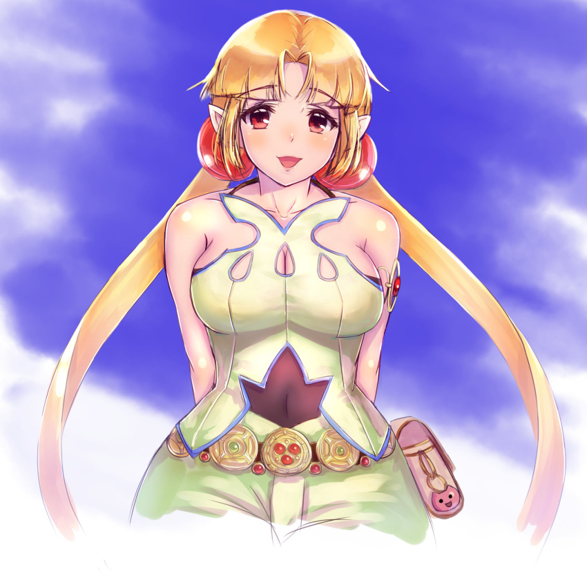 alfina_(grandia) bare_shoulders blonde_hair breasts cleavage collarbone covered_navel female grandia grandia_iii hagureyouma hair_ornament highres long_hair open_mouth pointy_ears red_eyes smile solo twintails