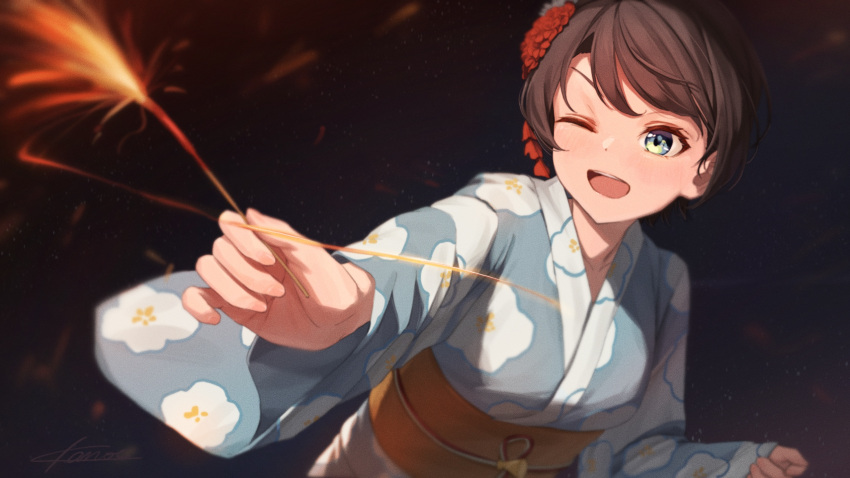 black_hair blue_eyes blue_kimono commentary_request female fireworks floral_print highres holding holding_fireworks hololive japanese_clothes kanoe_(tatsukanoe) kimono obi one_eye_closed oozora_subaru open_mouth outstretched_arm print_kimono sash short_hair signature solo sparkler summer swept_bangs teeth upper_body upper_teeth_only virtual_youtuber wide_sleeves yellow_sash