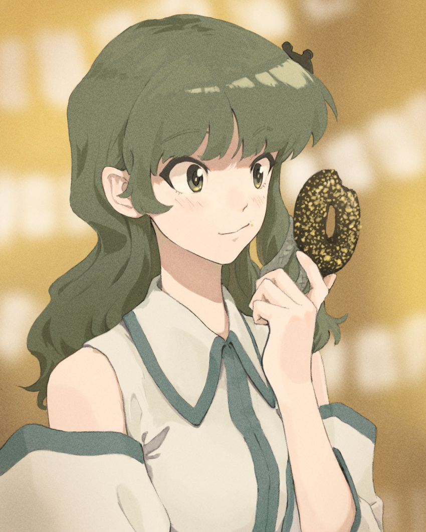 bad_id bad_twitter_id bare_shoulders bitten blurry blurry_background blush chocolate_doughnut closed_mouth collared_shirt commentary crumbs detached_sleeves doughnut eating female food food_on_face frog_hair_ornament green_eyes green_hair hair_ornament hand_up highres holding holding_food kochiya_sanae long_hair muted_color orange_background shiratama_(hockey) shirt sidelocks sleeveless sleeveless_shirt smile smirk snake_hair_ornament solo touhou upper_body white_shirt wing_collar