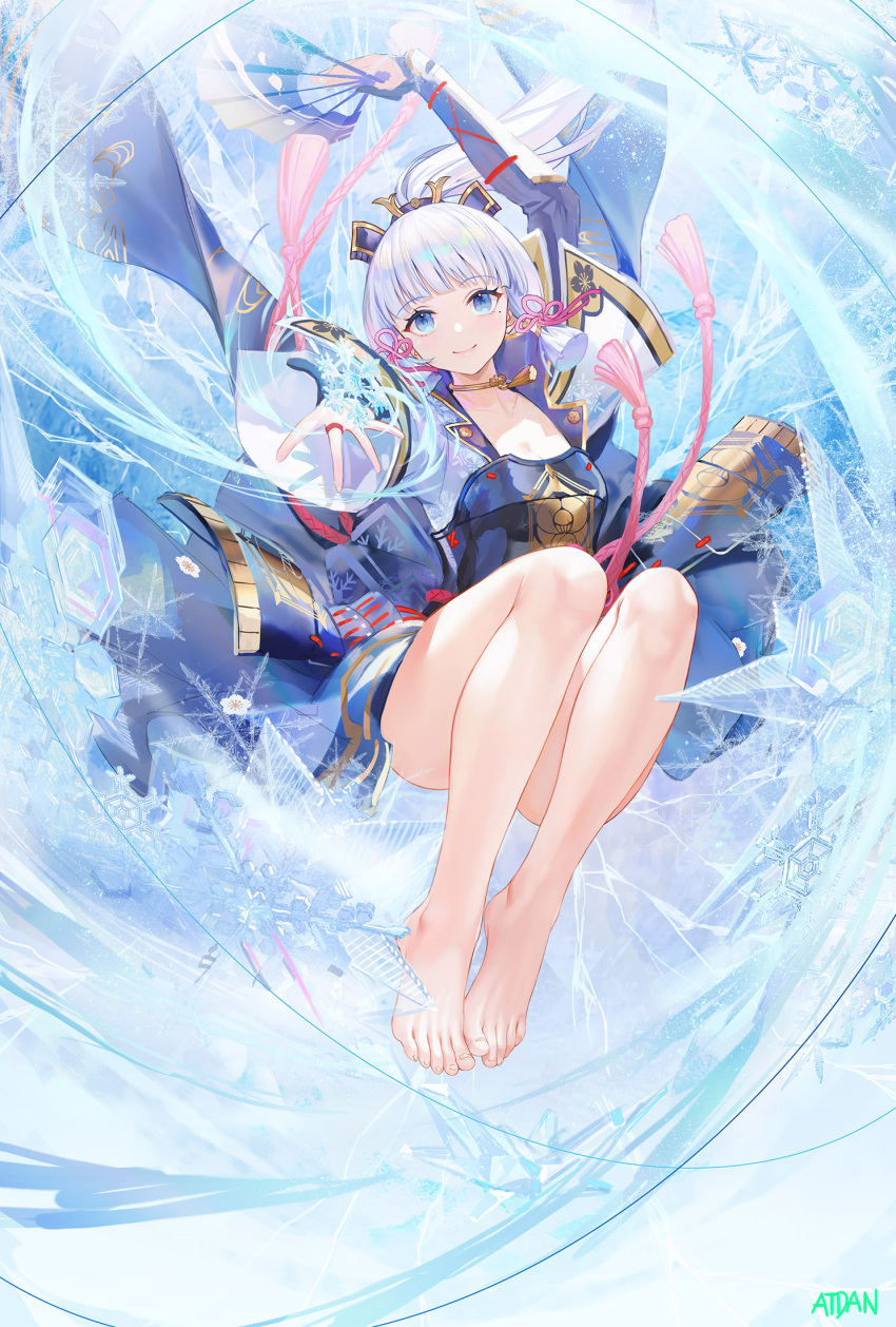 arm_up armor artist_name atdan bangs bare_legs barefoot blue_eyes blue_hair blue_jacket blue_skirt blunt_bangs breastplate choker closed_mouth eyebrows_visible_through_hair feet female floating_hair folding_fan full_body genshin_impact gloves hair_ornament hair_ribbon hand_fan highres holding holding_fan jacket kamisato_ayaka long_hair looking_at_viewer mole mole_under_eye neck_tassel outstretched_arm partially_fingerless_gloves pink_ribbon ponytail ribbon sidelocks skirt smile snowflake_print snowflakes solo tassel toes yellow_choker