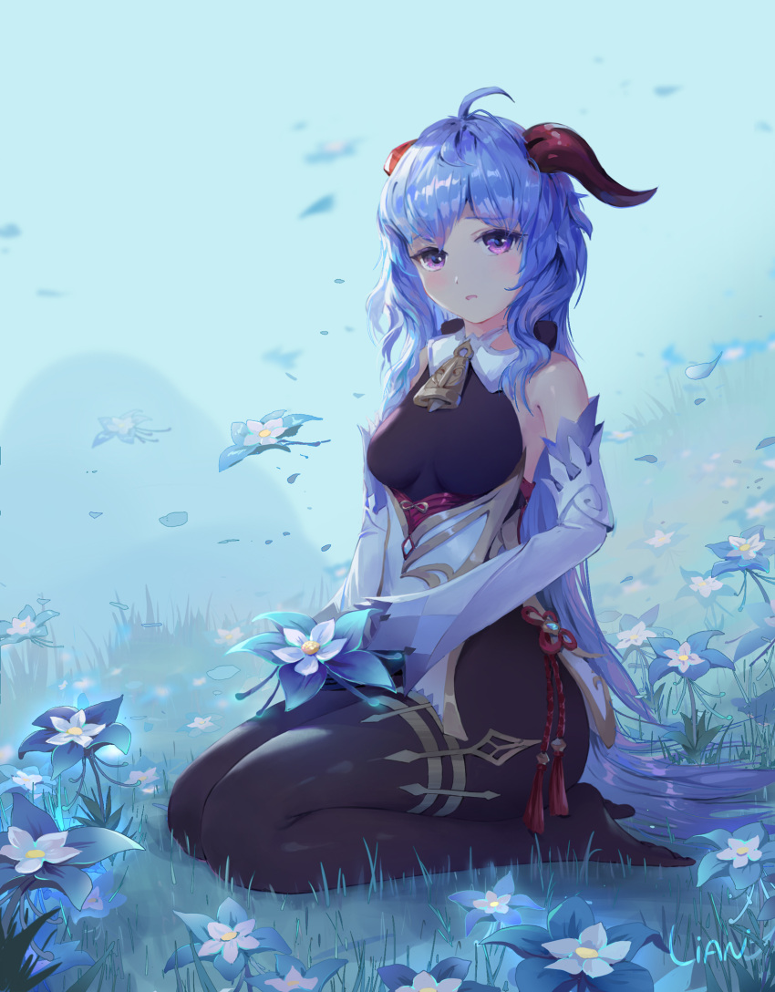 ahoge artist_name bad_id bad_pixiv_id bare_shoulders bell black_legwear blue_hair blurry breasts chinese_commentary chinese_knot commentary curled_horns depth_of_field detached_sleeves female flower flower_knot ganyu_(genshin_impact) genshin_impact glaze_lily gold_trim highres holding holding_flower horns lian2020 long_hair looking_at_viewer medium_breasts neck_bell no_shoes petals purple_eyes seiza sitting solo tassel vision_(genshin_impact) white_sleeves