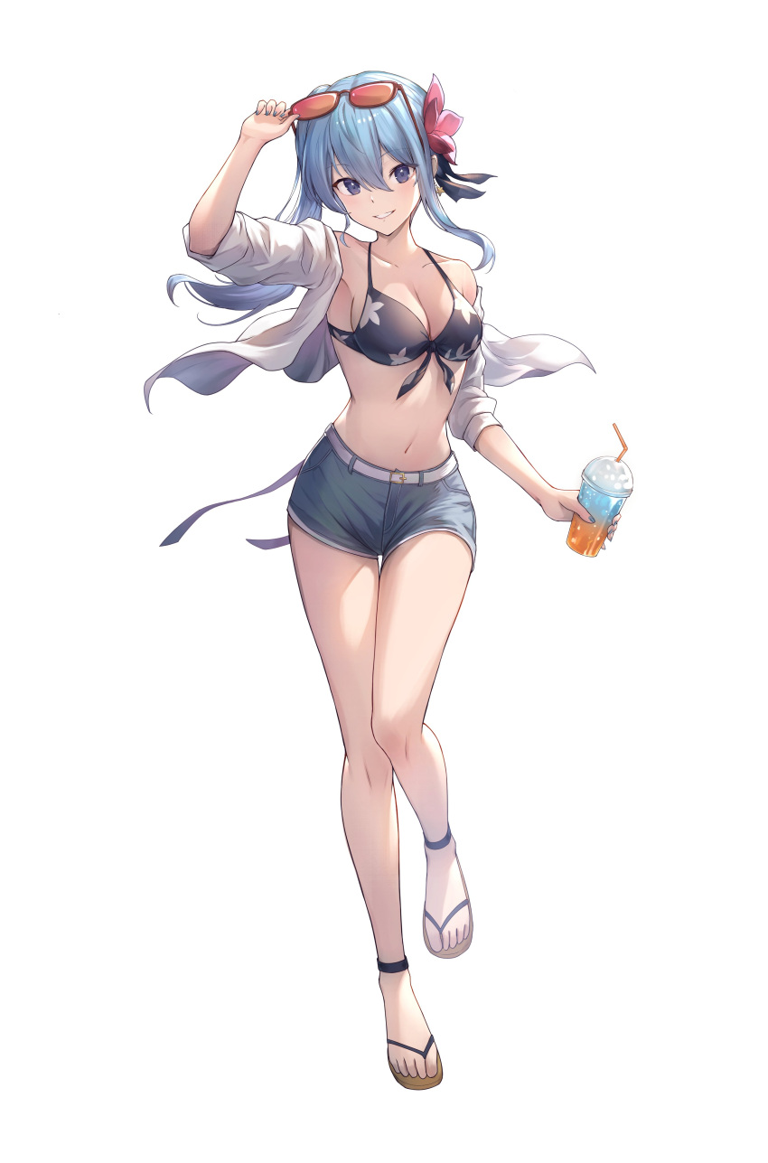 absurdres bikini bikini_top_only blue_eyes blue_hair breasts cleavage drink eyewear_on_head feet female flip-flops flower grin hair_flower hair_ornament highres holding holding_drink hololive hoshimachi_suisei legs long_hair looking_at_viewer medium_breasts parted_lips sandals short_shorts shorts simple_background smile solo sunglasses swimsuit toes tokisaka_makoto virtual_youtuber white_background