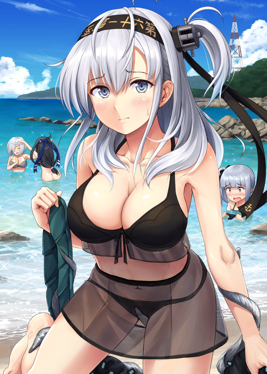 4girls abyssal_ship alternate_costume anchor_symbol ass bare_shoulders beach bikini black_bikini black_hair blue_eyes blue_ribbon blue_sky blush bottomless breasts brown_eyes clothes_writing collarbone cowboy_shot day enemy_naval_mine_(kancolle) grey_hair hachimaki hair_between_eyes hair_ornament hair_ribbon hairclip hamakaze_(kancolle) hatsushimo_(kancolle) hatsushimo_kai_ni_(kancolle) headband highres holding ichikawa_feesu kantai_collection kasumi_(kancolle) kasumi_kai_ni_(swimsuit_mode)_(kancolle) large_breasts long_hair looking_at_viewer low-tied_long_hair mountain multiple_girls navel ocean one_side_up open_mouth outdoors pointing revision ribbon rock short_hair side_ponytail sidelocks sky smile stomach suzutsuki_(kancolle) suzutsuki_(swimsuit_mode)_(kancolle) swimsuit unworn_bikini_bottom very_long_hair