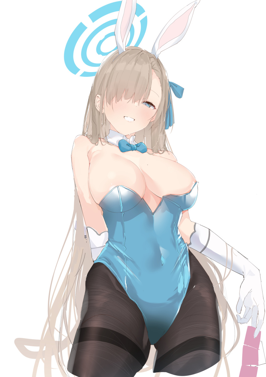 absurdres animal_ears asuna_(blue_archive) asuna_(bunny)_(blue_archive) bare_shoulders blue_archive blue_eyes blue_leotard blush bow bowtie breasts brown_pantyhose cleavage condom condom_packet_strip condom_wrapper covered_navel detached_collar elbow_gloves fake_animal_ears female gloves grin hair_over_one_eye halo highleg highleg_leotard highres large_breasts leotard light_brown_hair long_hair looking_at_viewer mole mole_on_breast official_alternate_costume pantyhose playboy_bunny rabbit_ears revision shimicha smile solo strapless strapless_leotard thighband_pantyhose thighs traditional_bowtie white_gloves