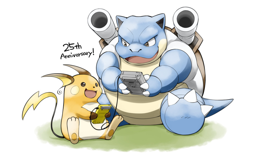 :d anniversary blastoise commentary_request eye_contact game_boy game_boy_(original) game_link_cable handheld_game_console highres holding holding_handheld_game_console kinoshita_jiroh looking_at_another no_humans open_mouth playing_games pokemon pokemon_(creature) raichu sitting smile toes tongue