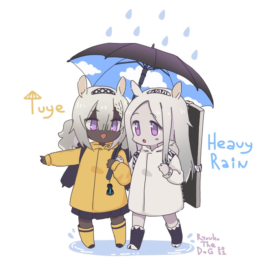 2girls animal_ears arknights artist_name camel_ears camel_girl character_name chibi dark-skinned_female dark_skin dated english_text heavyrain_(arknights) highres mad_ryouko multiple_girls puddle rain raincoat shared_umbrella tuye_(arknights) umbrella very_dark_skin water_drop zebra_ears zebra_girl