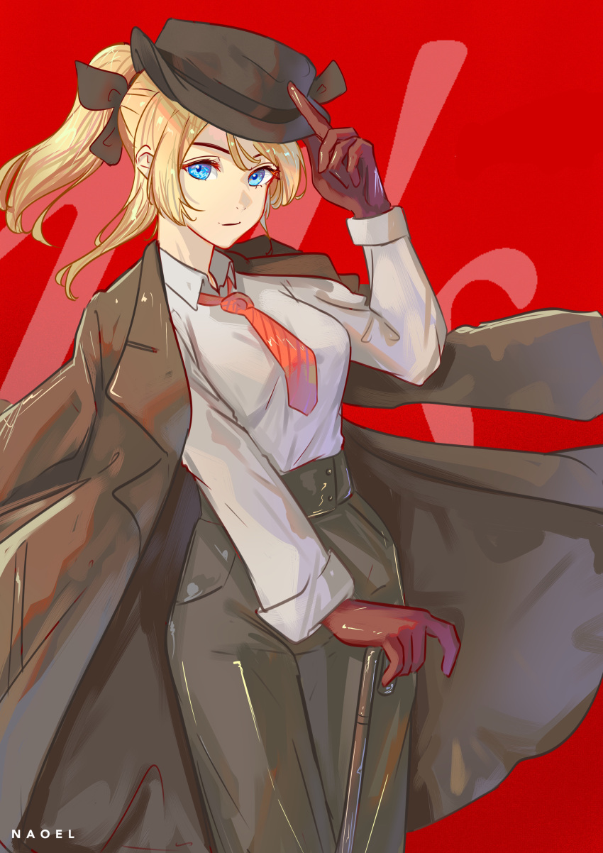 absurdres alternate_costume artist_name ayase_eli black_bow blonde_hair blue_eyes bow brown_gloves cane female gloves hand_on_headwear hat highres jacket jacket_on_shoulders looking_at_viewer love_live! love_live!_school_idol_project naoel_(naoel_art) necktie pants ponytail red_eyes red_necktie shirt solo white_shirt