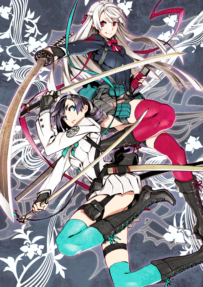 2girls 7th_dragon_(series) 7th_dragon_iii absurdres aqua_bow aqua_bowtie aqua_ribbon belt belt_pouch black_footwear black_jacket blazer blue_eyes blue_thighhighs boots bow bowtie braid breasts buttons closed_mouth commentary flower foot_out_of_frame french_braid grey_skirt hair_flower hair_ornament hair_ribbon hairband highres holding holding_sword holding_weapon jacket katana knee_boots long_hair long_sleeves looking_at_viewer medium_breasts milestone_celebration miniskirt miwa_shirow multiple_girls outline parted_lips plaid plaid_skirt pleated_skirt pouch purple_hair red_bow red_bowtie red_eyes red_legwear red_ribbon ribbon samurai_(7th_dragon_series) scabbard sheath skirt sword thick_eyebrows thigh_pouch thigh_strap thighhighs thighhighs_under_boots uniform unsheathed v-shaped_eyebrows weapon white_hair white_jacket white_skirt yaiba_(7th_dragon_iii)