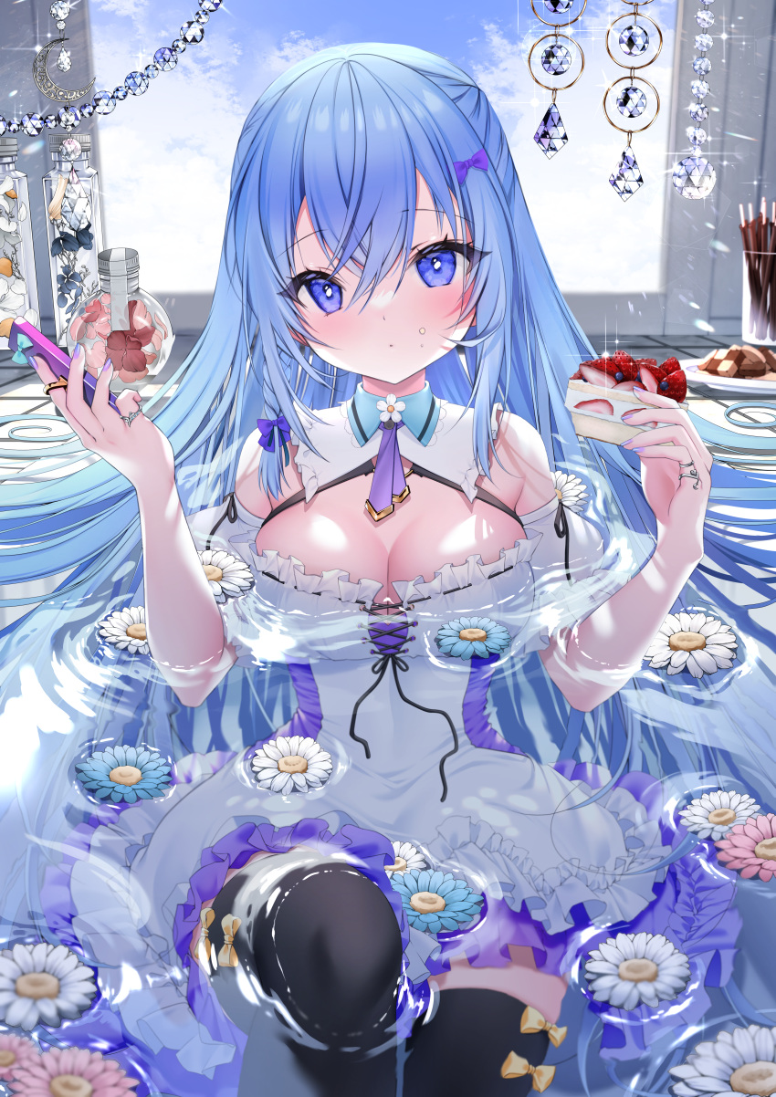 absurdres bad_id bad_pixiv_id black_thighhighs blue_eyes blue_flower blue_hair blush bottle bow breasts cake cellphone dress emori_miku female flower food food_on_face frilled_dress frills hair_between_eyes hairbow highres holding holding_food holding_phone indoors jewelry liver_city long_hair looking_at_viewer medium_breasts nail_polish partially_submerged phone pink_flower purple_bow purple_nails ring smartphone solo strawberry_shortcake thighhighs very_long_hair water white_dress white_flower yoruhoshi_owl