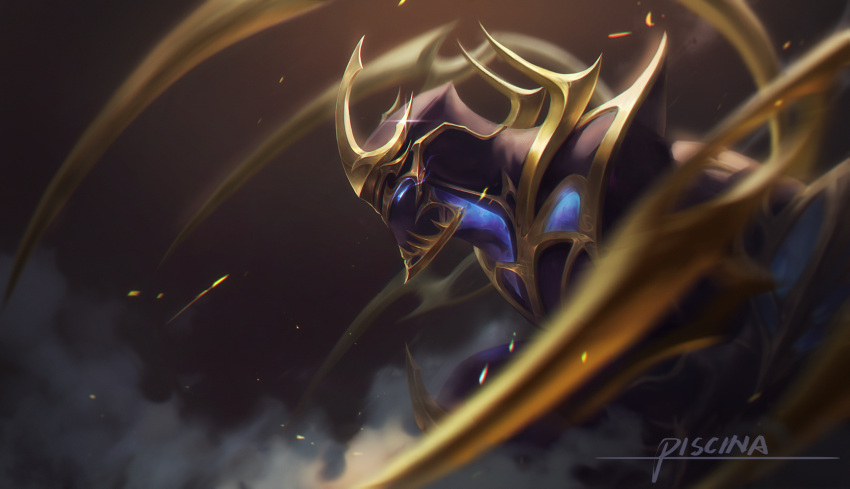 1boy absurdres armor artist_name blue_eyes brown_background from_side galaxy_slayer_zed glowing glowing_eyes helmet highres horns league_of_legends male_focus piscina shoulder_armor solo zed_(league_of_legends)