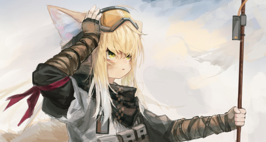 animal_ears arknights bad_id bad_twitter_id black_gloves black_scarf blonde_hair cloud cloudy_sky dirty dirty_face duplicate female fingerless_gloves fox_ears fox_girl fox_tail gloves goggles goggles_on_head green_eyes highres holding id_card official_alternate_costume open_mouth outdoors pixel-perfect_duplicate scarf sky solo suzuran_(arknights) suzuran_(lostlands_flowering)_(arknights) tail timitarcat upper_body