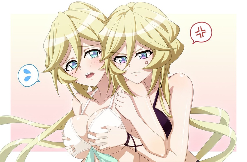 2girls aged_up anger_vein bikini bikini_top_only black_bikini blonde_hair border bracelet breast_envy breasts carol_malus_dienheim cleavage collarbone commentary_request elfnein floating_hair grabbing grabbing_another's_breast gradient_background hair_between_eyes halterneck jewelry large_breasts long_hair miona_yui mole mole_under_eye multicolored_eyes multiple_girls pink_background senki_zesshou_symphogear sideboob speech_bubble spoken_anger_vein spoken_sweatdrop sweatdrop swimsuit underboob upper_body v-shaped_eyebrows very_long_hair white_bikini white_border yuri