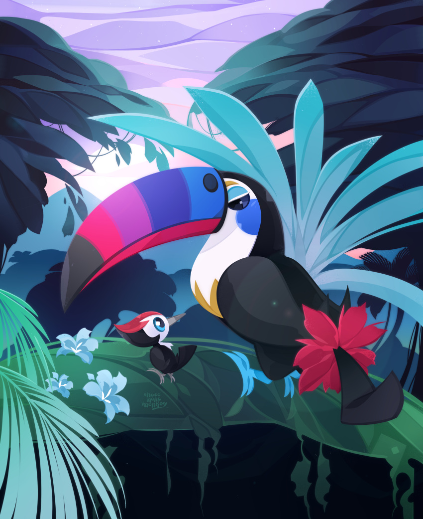 absurd_res ambiguous_gender avian beak biped black_body blue_eyes chocoholicmonkey duo feral flower generation_7_pokemon hi_res nintendo pikipek plant pokemon pokemon_(species) size_difference toucannon