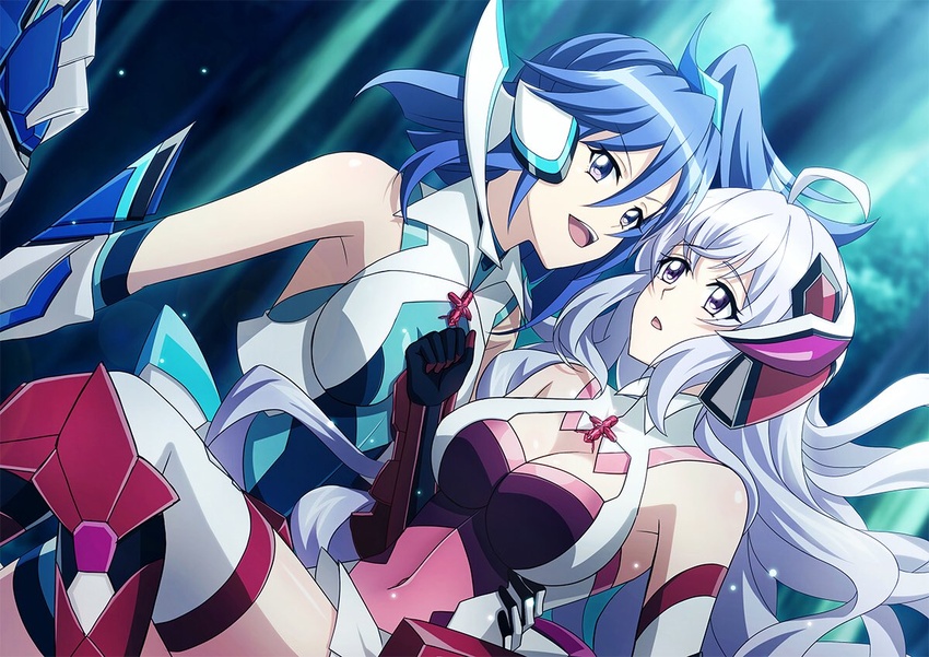 2girls :d alternate_hair_length alternate_hairstyle armored_boots black_gloves blue_eyes blue_hair blurry blurry_background boots breasts cleavage covered_navel elbow_gloves floating_hair gloves hair_between_eyes headgear kazanari_tsubasa kazanari_tsubasa_(another) large_breasts leotard long_hair miona_yui multiple_girls night one_side_up open_mouth outdoors pink_leotard red_footwear senki_zesshou_symphogear senki_zesshou_symphogear_xd_unlimited smile thighhighs very_long_hair white_hair white_thighhighs yukine_chris yukine_chris_(another)