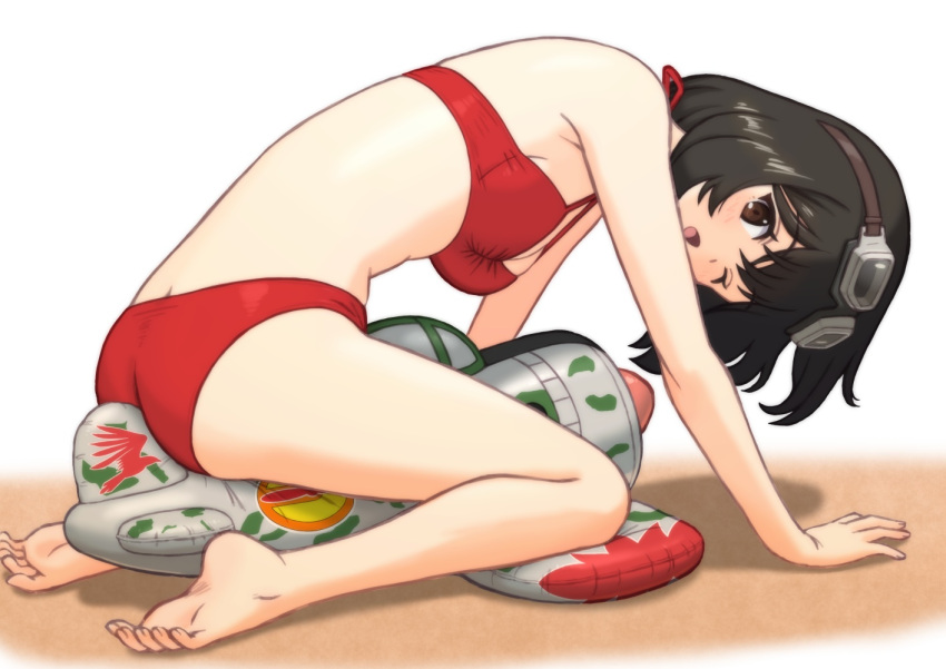 aircraft airplane all_fours azumasix barefoot bikini black_hair breasts brown_eyes cleavage female goggles goggles_on_head inflatable_toy kirie_(kouya_no_kotobuki_hikoutai) kouya_no_kotobuki_hikoutai medium_breasts one_eye_closed red_bikini short_hair solo swimsuit