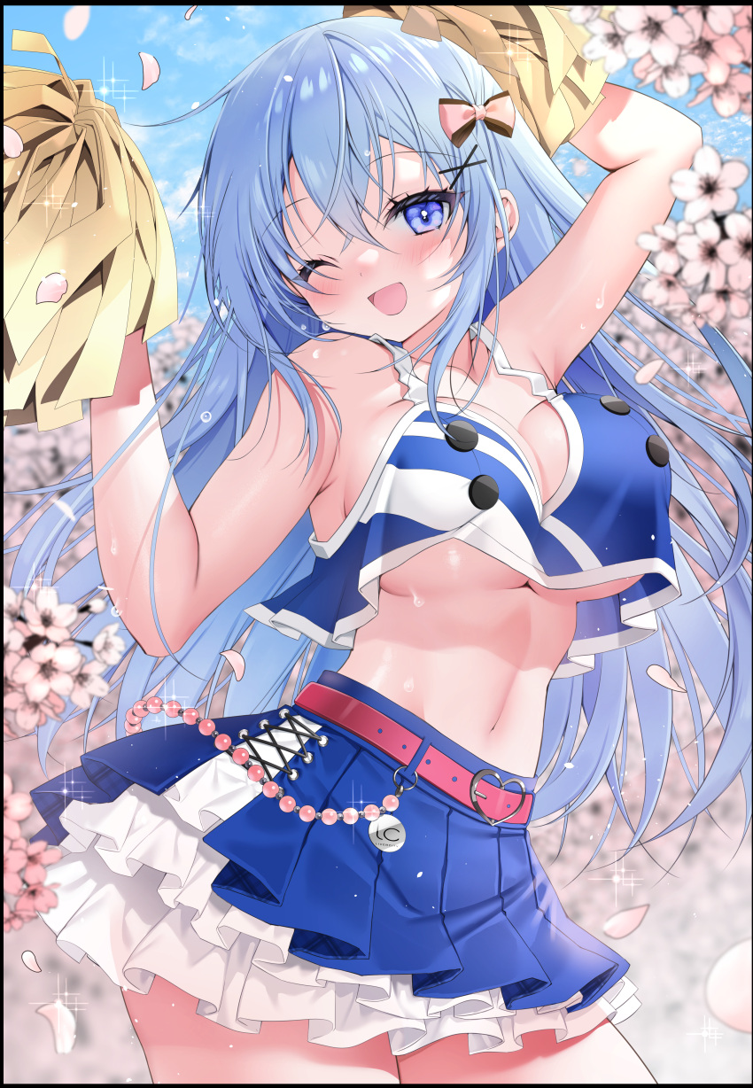 ;d absurdres arms_up bad_id bad_pixiv_id bare_arms belt blue_eyes blue_hair blue_skirt blush bow breasts cheerleader crop_top crossed_bangs emori_miku female flower frilled_skirt frills hair_between_eyes hair_ornament hairbow highres holding holding_pom_poms large_breasts liver_city long_hair looking_at_viewer midriff miniskirt navel one_eye_closed petals pink_belt pink_flower pleated_skirt pom_pom_(cheerleading) skirt smile solo underboob very_long_hair x_hair_ornament yoruhoshi_owl