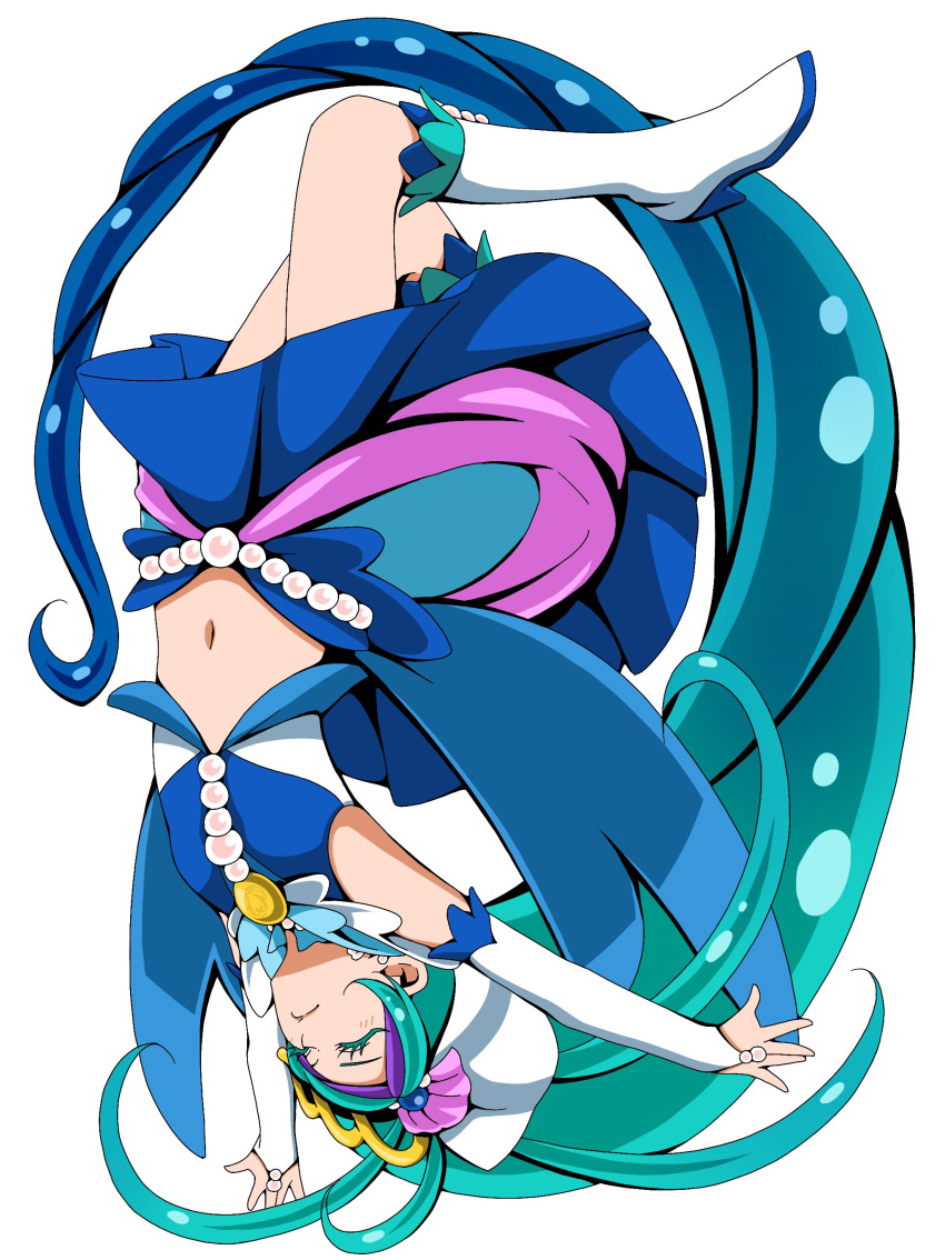 absurdly_long_hair absurdres blue_hair blue_skirt boots closed_eyes closed_mouth colored_eyelashes crop_top cure_mermaid detached_sleeves ebura_din female go!_princess_precure gradient_hair highres kaidou_minami knee_boots long_hair long_sleeves midriff miniskirt multicolored_hair navel precure simple_background skirt solo stomach very_long_hair white_background white_footwear white_sleeves