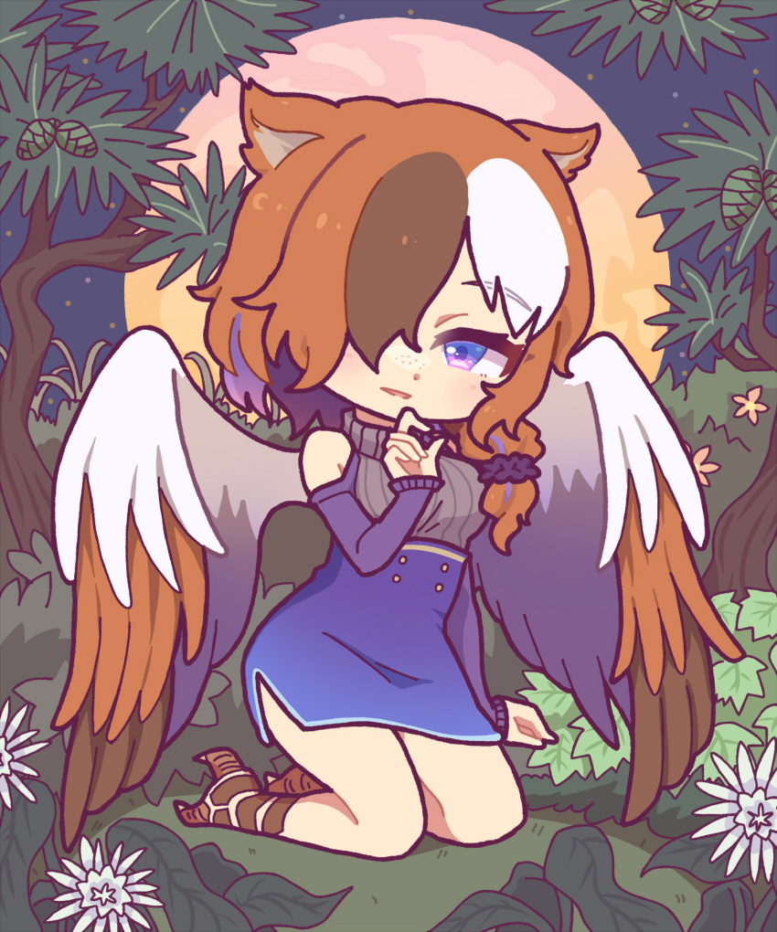 animal_ears animal_feet bare_shoulders bird_legs bird_wings blue_skirt brown_hair brown_wings chibi claws colored_inner_hair commission epiphyllum estelle_(cieluscian) feathered_wings female flower full_body full_moon grass grey_sweater hair_ornament hair_over_one_eye hair_over_shoulder hair_scrunchie half-harpy hand_up high-waist_skirt highres huge_moon kneeling kowakawa_kaeru long_hair looking_at_viewer low-tied_long_hair monster_girl moon multicolored_hair night night_sky non-web_source original outdoors plant purple_eyes purple_hair scrunchie second-party_source side_slit skeb_commission skirt sky solo streaked_hair sweater turtleneck turtleneck_sweater white_flower white_hair white_wings wings