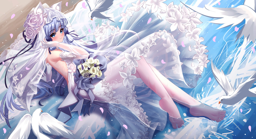 absurdres aichinaigai alternate_costume animal_ear_fluff animal_ears arm_support backless_dress backless_outfit bare_shoulders beach bird blue_bow blue_eyes blue_hair blush bouquet bow bracelet bridal_veil bride cat_ears cat_girl chinese_commentary commentary_request detached_sleeves dove dress elbow_gloves falling_petals female flower genshin_impact gloves hairbow hand_up highres jewelry kamisato_ayaka light_blue_hair long_hair looking_at_viewer outdoors pantyhose partially_submerged pearl_bracelet petals see-through see-through_sleeves sitting smile solo thighs toes veil very_long_hair wedding_dress wet white_dress white_flower white_gloves white_pantyhose white_sleeves white_veil