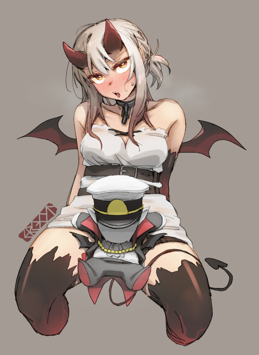 artist_logo artist_name belt blush breasts collarbone commentary cosplay cropped_legs demon_tail demon_wings dress english_commentary ergot female fubuki_(kancolle) grey_background head_tilt highres horns kantai_collection looking_at_viewer lycoris_fubuki lycoris_fubuki_(cosplay) medium_breasts open_mouth pointy_ears short_hair short_ponytail signature simple_background sitting solo spread_legs tail white_dress white_hair wings yellow_eyes