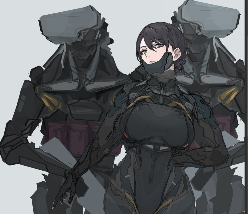 2others armor black_armor black_bodysuit black_eyes black_hair bodysuit breasts brown_eyes cyborg female grey_background gun holding holding_gun holding_weapon large_breasts mask multiple_others original parted_lips rifle science_fiction short_hair simple_background tumubar117 weapon