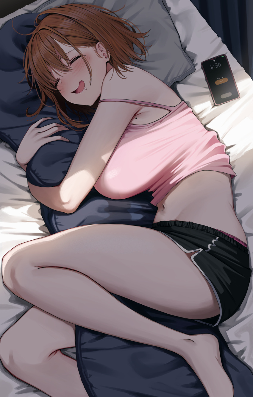 absurdres armpit_crease bare_shoulders barefoot bed bed_sheet black_shorts blush body_pillow breasts brown_hair camisole cellphone closed_eyes commentary_request dolphin_shorts female foot_out_of_frame from_above hair_behind_ear highres huge_breasts hugging_object indoors lying mole mole_on_breast mole_on_stomach mole_under_eye navel ol-chan_(udon) on_bed on_side open_mouth original panties panty_peek phone pillow pillow_hug pink_camisole pink_panties saliva short_hair short_shorts shorts sleeping sleeveless smartphone smile solo spaghetti_strap stomach strap_slip thick_eyelashes thighs udon_(udonalium) underwear white_trim