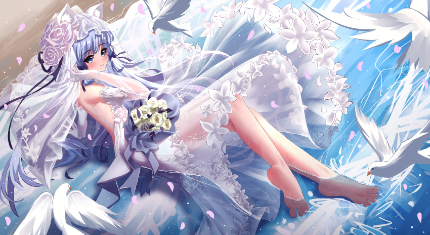 absurdres aichinaigai alternate_costume animal_ear_fluff animal_ears arm_support backless_dress backless_outfit bare_shoulders barefoot beach bird blue_bow blue_eyes blue_hair blush bouquet bow bracelet bridal_veil bride cat_ears cat_girl chinese_commentary commentary_request detached_sleeves dove dress elbow_gloves falling_petals female flower genshin_impact gloves hairbow hand_up highres jewelry kamisato_ayaka light_blue_hair long_hair looking_at_viewer outdoors partially_submerged pearl_bracelet petals see-through see-through_sleeves sitting smile soles solo thighs toes veil very_long_hair wedding_dress wet white_dress white_flower white_gloves white_sleeves white_veil