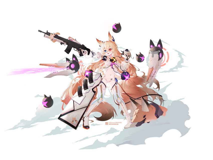 :3 absurdres animal_ears barcode barcode_tattoo blonde_hair breasts drone female full_body g41_(girls'_frontline) girls'_frontline gun heterochromia highres holding holding_gun holding_weapon liwendala long_hair navel open_mouth original panties solo tattoo underwear very_long_hair weapon white_panties