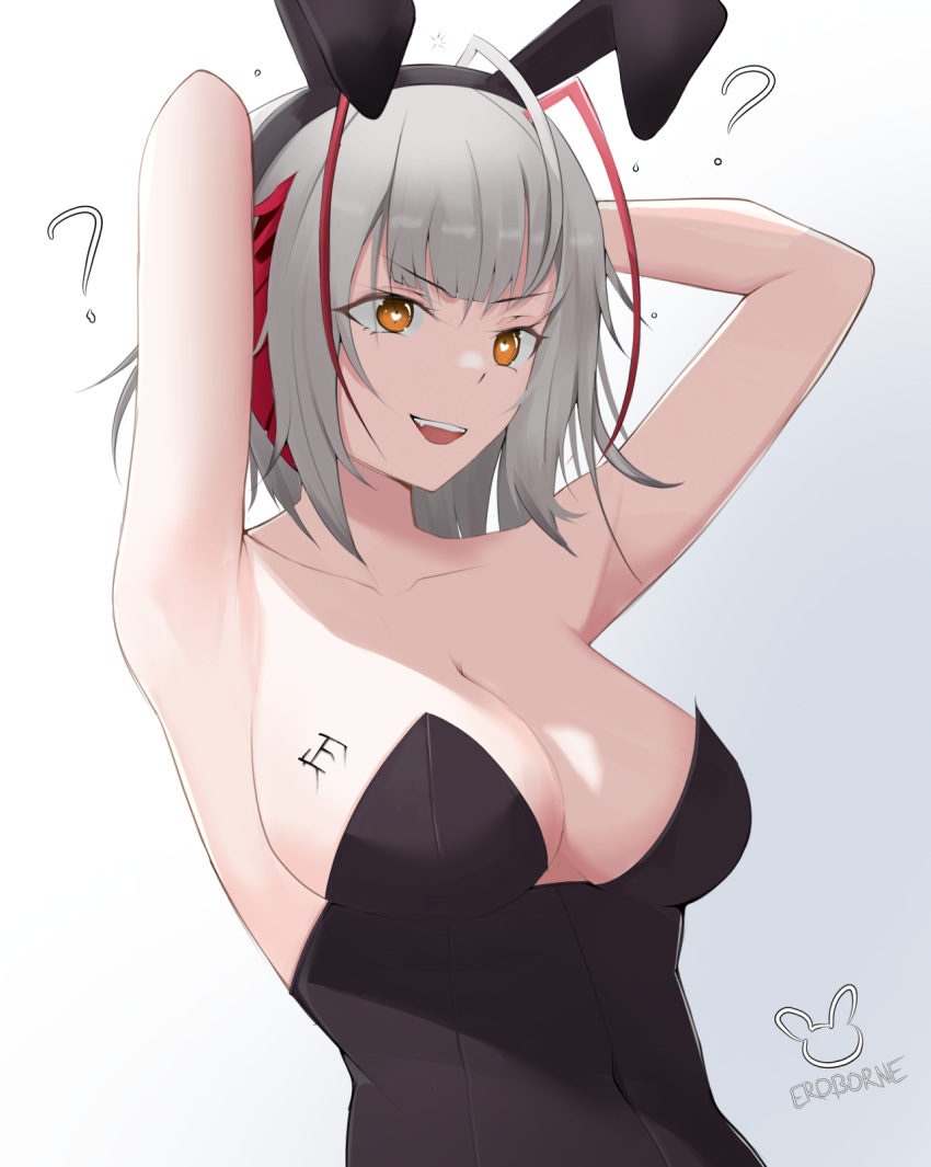 ? animal_ears antenna_hair arknights armpits arms_behind_head black_leotard body_writing breasts collarbone eroborne fake_animal_ears female grey_background grey_hair headband heart heart-shaped_pupils highres hypnosis leotard mind_control open_mouth orange_eyes playboy_bunny rabbit_ears short_hair simple_background solo strapless strapless_leotard symbol-shaped_pupils tally teeth upper_body upper_teeth_only w_(arknights)