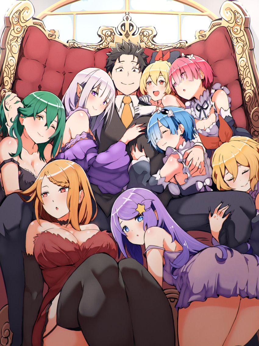 1boy 6+girls absurdres all_fours anastasia_hoshin bare_shoulders breasts cleavage closed_eyes closed_mouth collarbone commentary crusch_karsten emilia_(re:zero) english_commentary felt_(re:zero) from_below grabbing_another's_hair hand_in_another's_hair hand_on_another's_chest hand_on_another's_shoulder harem highres hug hugging_another's_leg large_breasts looking_at_another looking_at_viewer looking_down multiple_girls natsuki_subaru open_mouth petra_leyte priscilla_barielle ram_(re:zero) re:zero_kara_hajimeru_isekai_seikatsu rem_(re:zero) sitting small_breasts spread_legs straight throne zerobarto