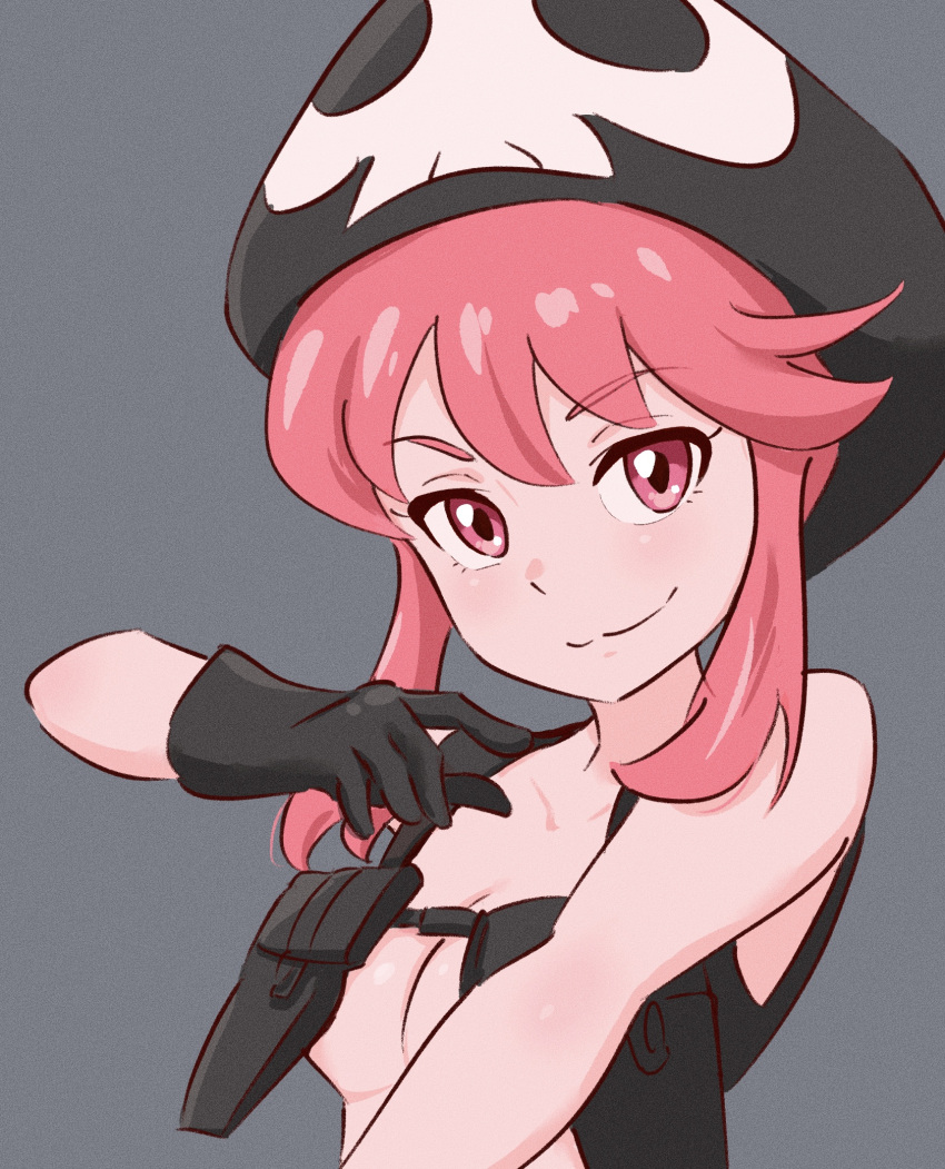 :3 bare_shoulders beret black_gloves black_hat breasts chest_harness cleavage close-up closed_mouth collarbone commentary female film_grain gloves grey_background hair_up hand_up harness hat highres holster jakuzure_nonon kill_la_kill looking_at_viewer nudist_beach_uniform pink_eyes pink_hair portrait revealing_clothes shoulder_holster sidelocks simple_background skull_print smile smug solo tsunemoku