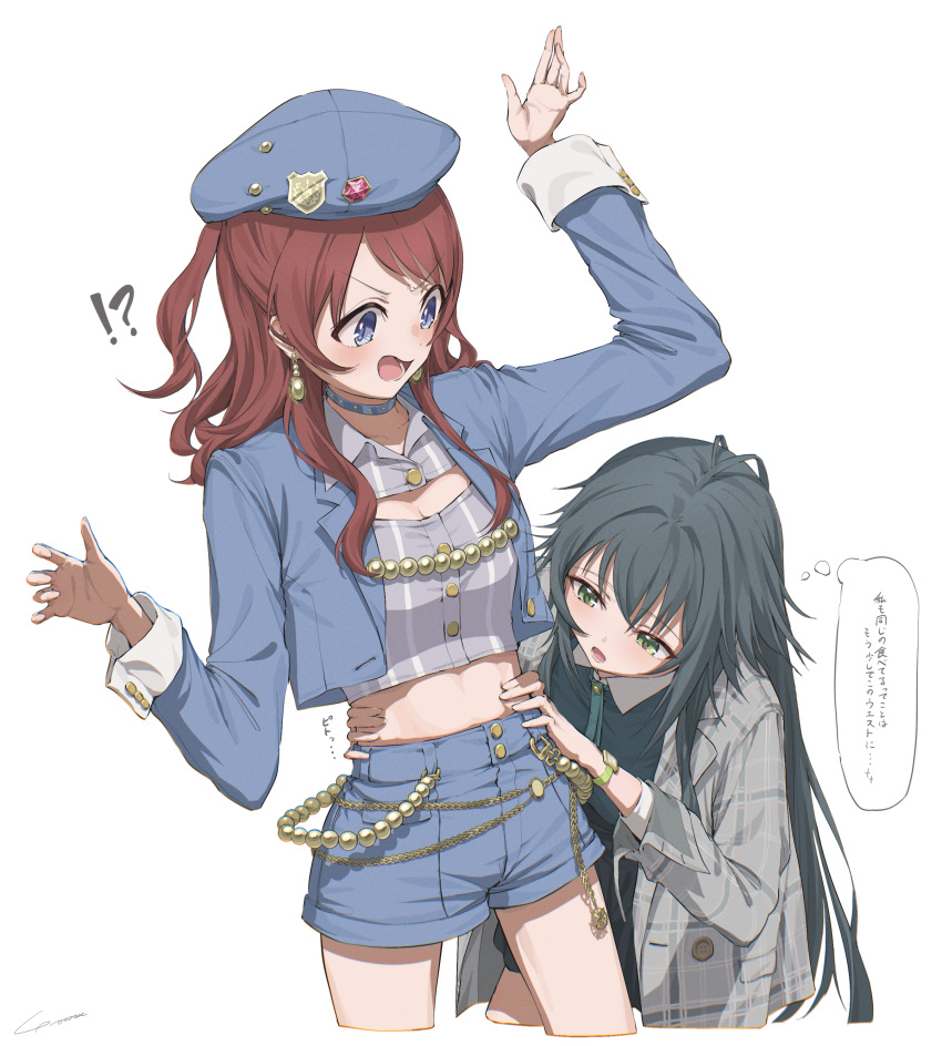 !? 2girls absurdres arms_up beret black_hair blue_eyes blue_jacket blue_shorts blush breasts chains cleavage cleavage_cutout clothing_cutout earrings gakuen_idolmaster gem grabbing_another's_stomach green_eyes grey_shirt hanami_saki hat highres idolmaster jacket jewelry long_hair long_sleeves looking_at_another messy_hair midriff multiple_girls navel one_side_up open_mouth pearl_(gemstone) red_hair shirt short_shorts shorts small_breasts surprised thought_bubble translation_request tsukimura_temari white_background yo_na